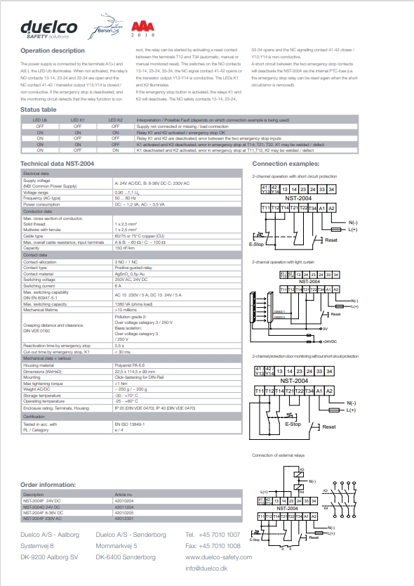 DUELCO NST2004D EMERGENCY STOP RELAY 24VDC, 50/60HZ, 3 NO, IP20