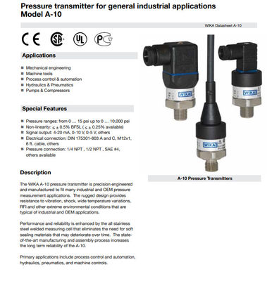 Industrial Environments  Pressure Transmitter A-10 Measuring Medium Gases / Liquids OEM ODM