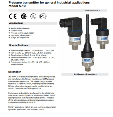 Industrial Environments Wika Pressure Transmitter A-10 Measuring Medium Gases / Liquids OEM ODM
