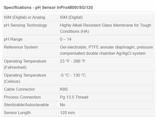 Mettler Toledo InPro4800i/SG/120 52005383 PH Sensor